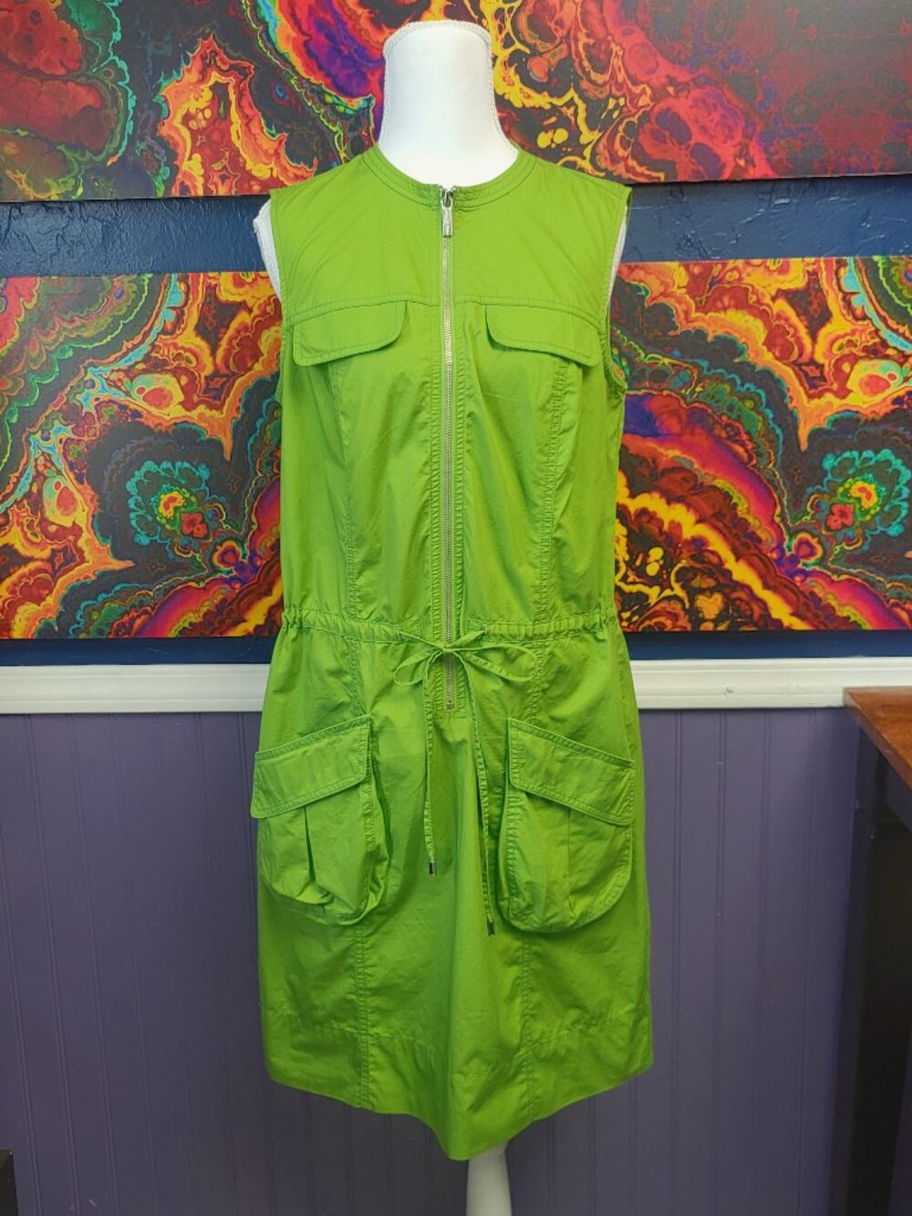 Michael Kors Bright Green Sleeveless Zip-Front Utility Dress